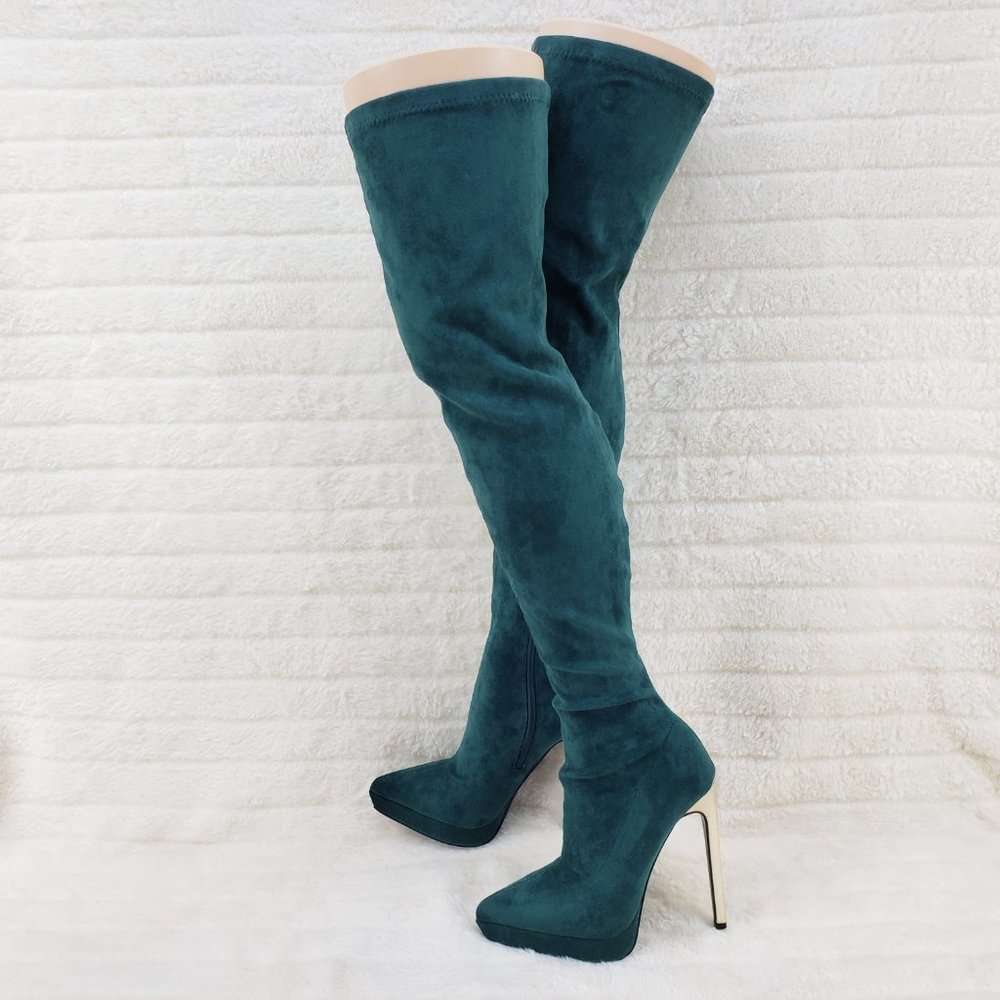 Girlz Revenge Faux Stretch Suede Teal Sexy High Heel Pointy Toe Platform Boots